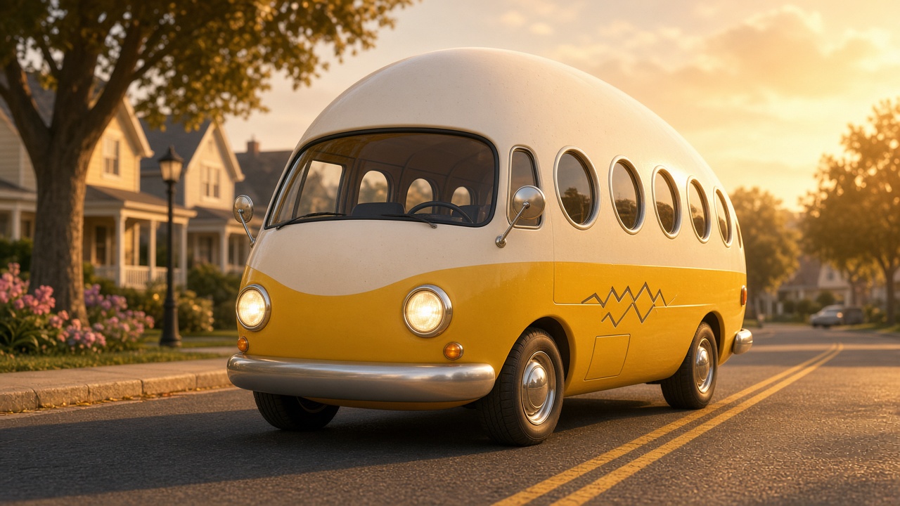 The Golden Hour Egg Bus — 3D animated render, A sunny suburban street at golden hour