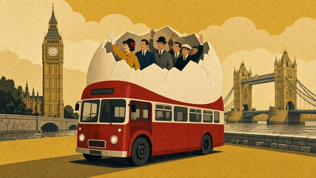 Top Deck, Freshly Hatched — 1960s travel poster, Westminster and Tower Bridge, London